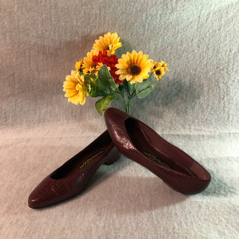 Burgundy ‘Crocodile’ Low-Heel Pumps - Picture 15 of 16
